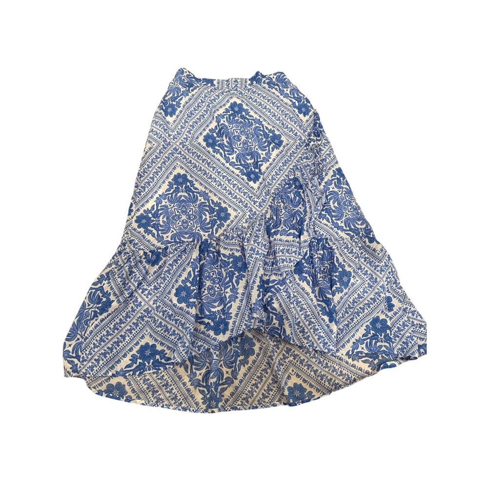 Vineyard Vines Blue White Tile Floral Smocked High Low Ruffle Midi Skirt Medium